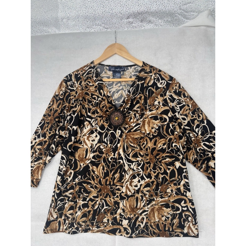 Susan Graver Abstract Floral Beaded Medallion Knit Top Shirt Sz 1X Brwn/Blk/Tan